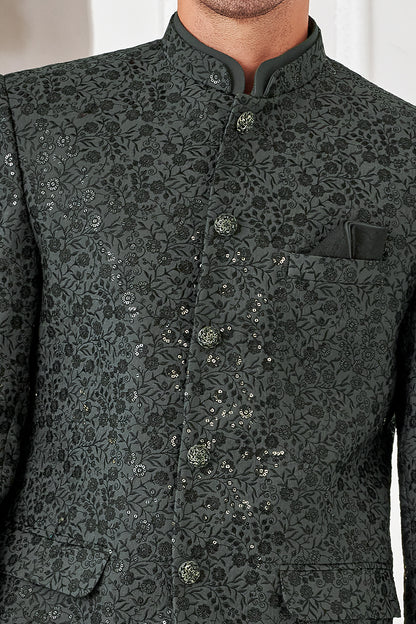 Grey, Black Art Embroidered Silk Bandhgala (NMK-8544) - Nihal Fashions