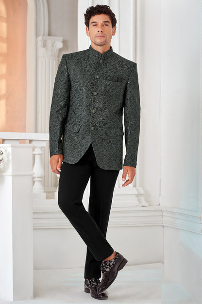 Grey, Black Art Embroidered Silk Bandhgala (NMK-8544) - Nihal Fashions