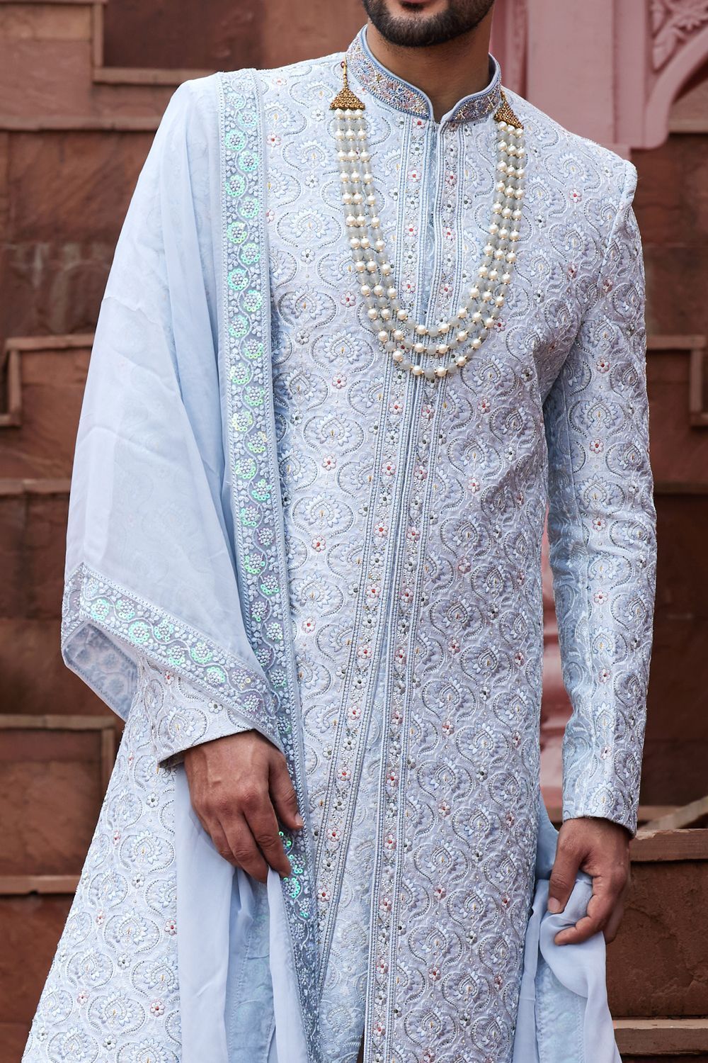 Grey Blue Art Silk Wedding Sherwani (NMK-7161) - Nihal Fashions