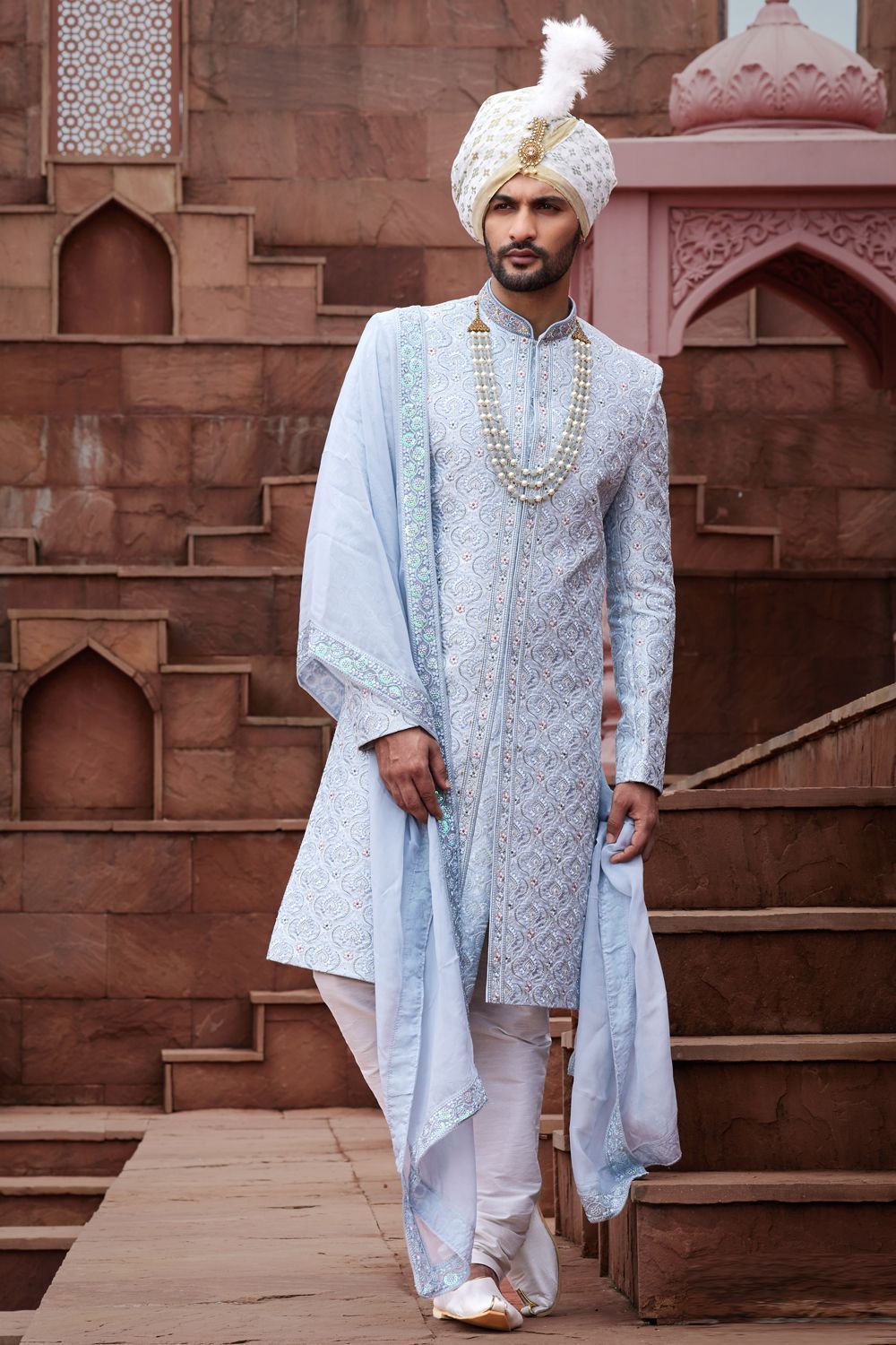 Grey Blue Art Silk Wedding Sherwani (NMK-7161) - Nihal Fashions