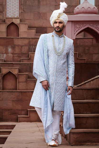 Grey Blue Art Silk Wedding Sherwani (NMK-7161) - Nihal Fashions