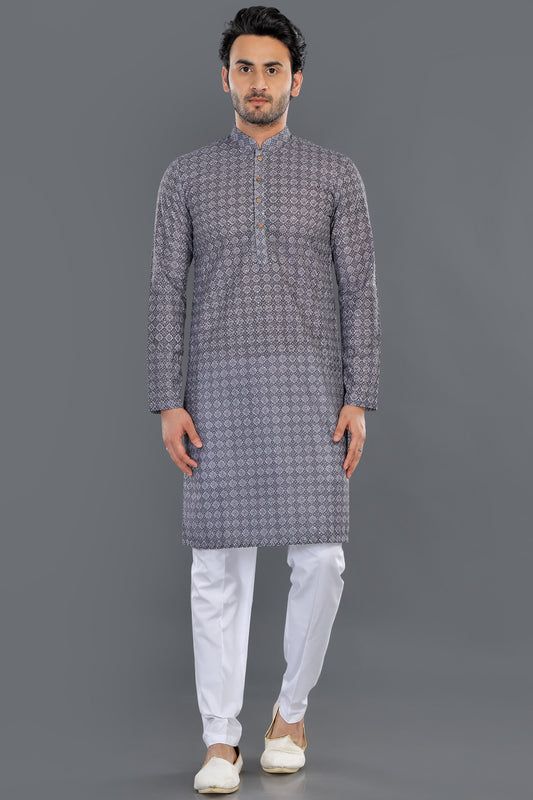 Grey Cotton Kurta Pajama for Men (NMK-8139) - Nihal Fashions