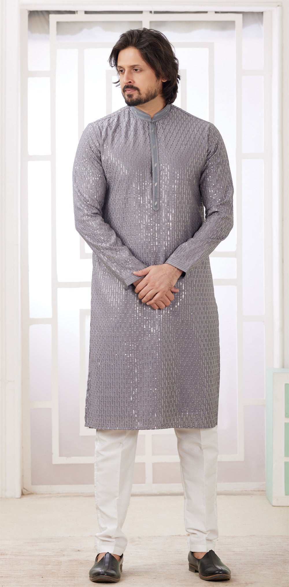 Grey Embroidered Art Silk Kurta Pajama (NMK-8354) - Nihal Fashions