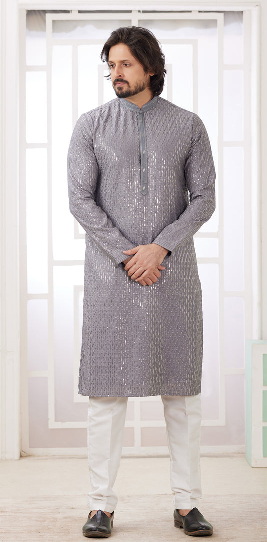 Grey Embroidered Art Silk Kurta Pajama (NMK-8354) - Nihal Fashions