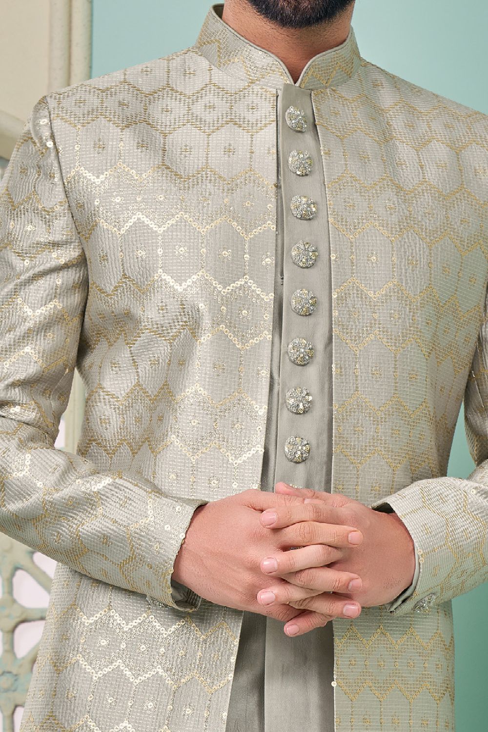 Grey Embroidered Art Silk Mens Indo Western (NMK-7658) - Nihal Fashions