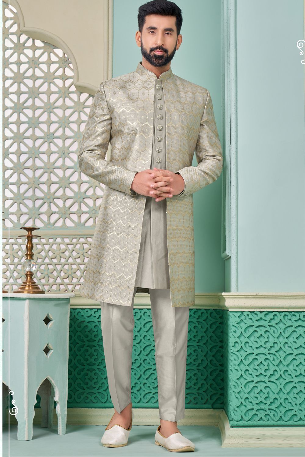 Grey Embroidered Art Silk Mens Indo Western (NMK-7658) - Nihal Fashions