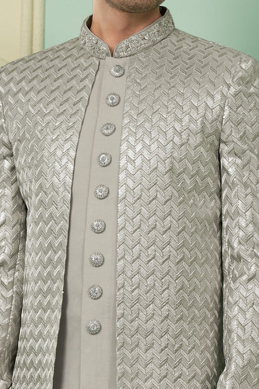 Grey Embroidered Mens Art Silk Indo Western (NMK-7652) - Nihal Fashions