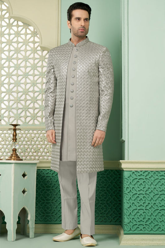 Grey Embroidered Mens Art Silk Indo Western (NMK-7652) - Nihal Fashions