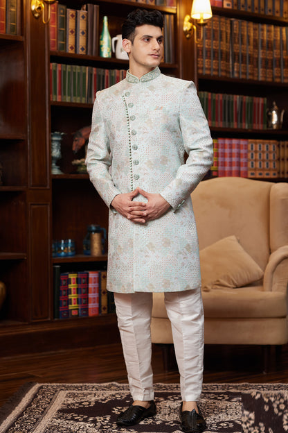 Grey Imported Jaquard Silk Indo Western (NMK-8292) - Nihal Fashions