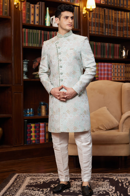 Grey Imported Jaquard Silk Indo Western (NMK-8292) - Nihal Fashions