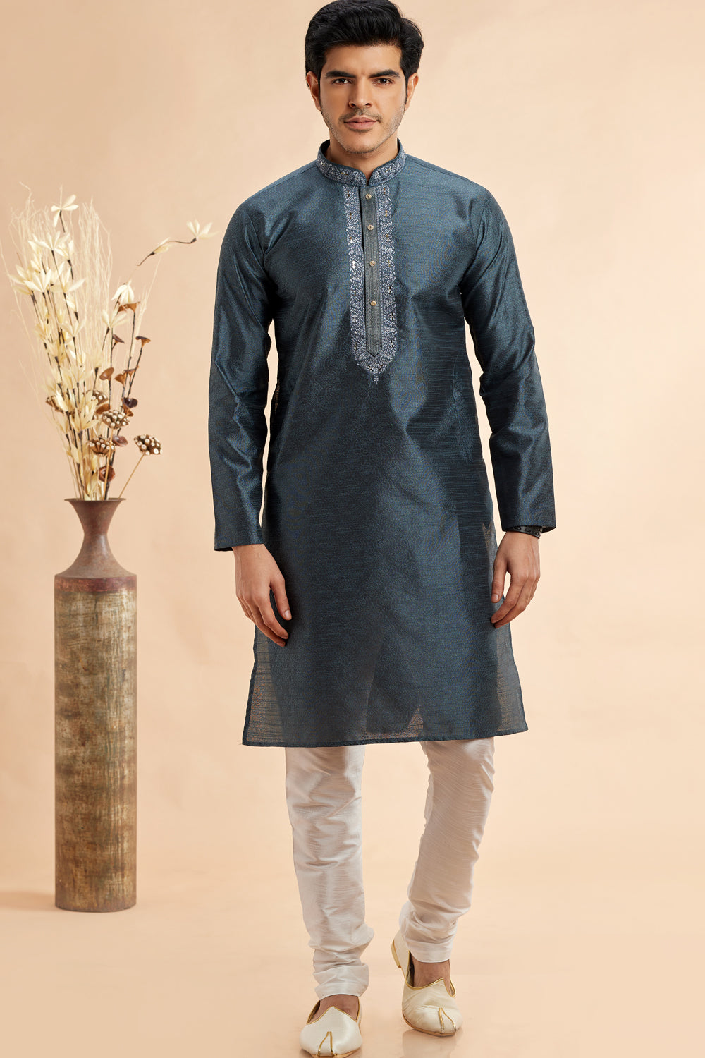 Grey Jaquard Art Silk Kurta Pajama (NMK-7909) - Nihal Fashions