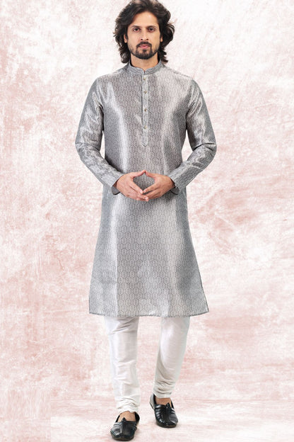 Grey Jaquard Banarasi Silk Casual Kurta (NMK-6726) - Nihal Fashions