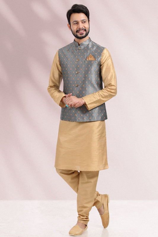 Grey Jaquard Banarasi Silk Nehru Jacket (NMK-6682) - Nihal Fashions