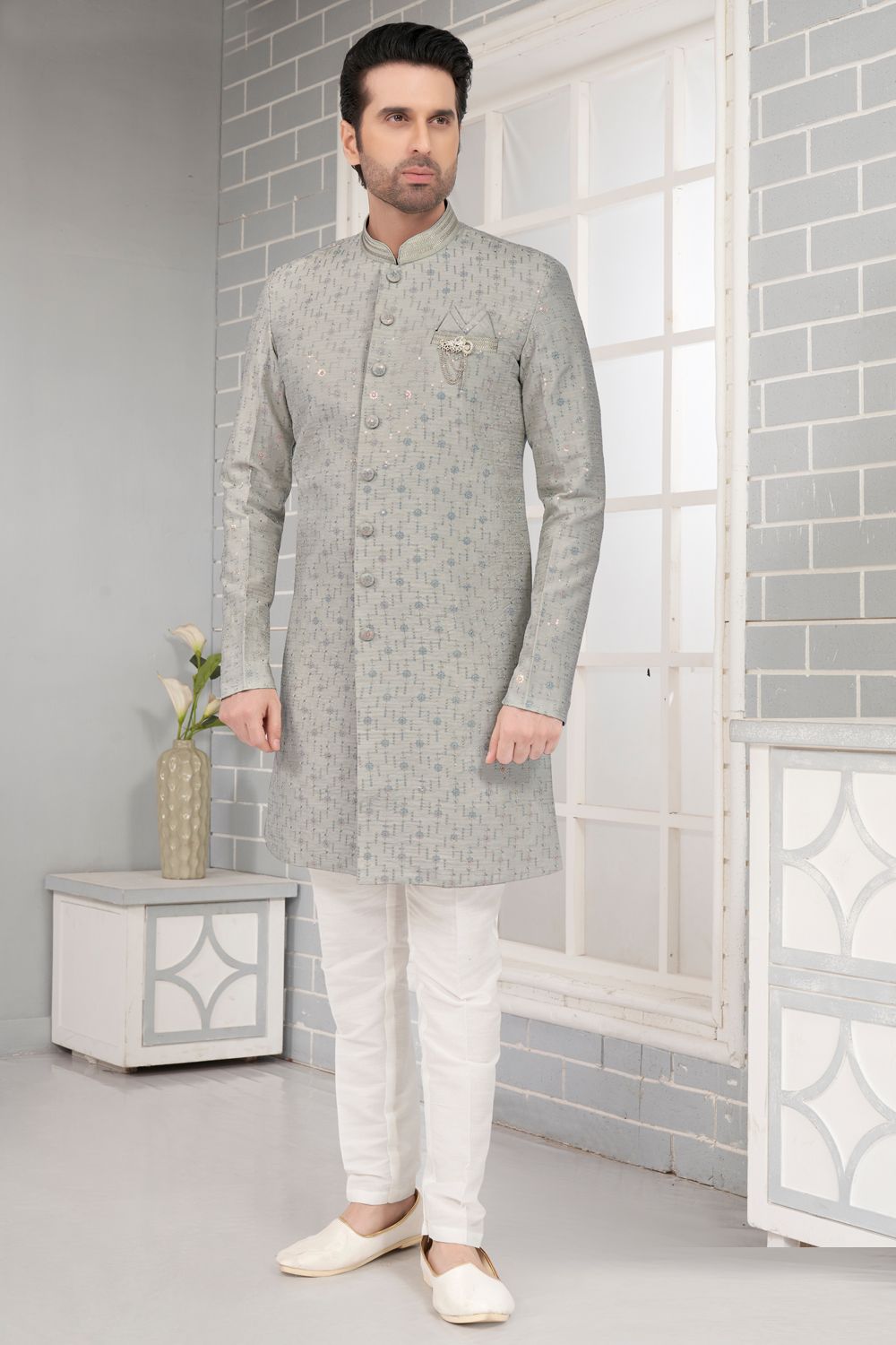 Grey Jaquard Indo Western for Men (NMK-7343) - Nihal Fashions