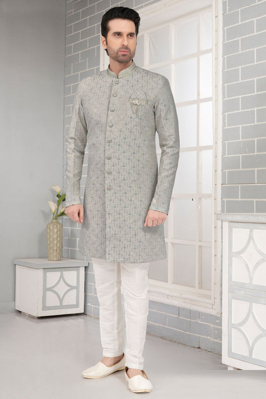 Grey Jaquard Indo Western for Men (NMK-7343) - Nihal Fashions