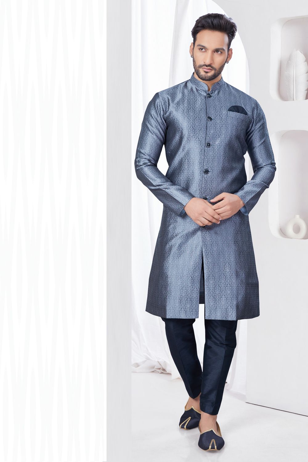 Grey Jaquard Indo Western for Mens (NMK-7866) - Nihal Fashions