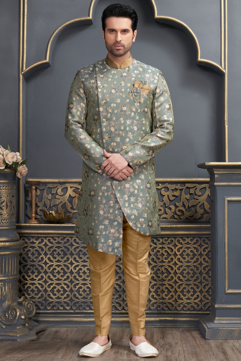 Grey Jaquard Indo Western (NMK-7318) - Nihal Fashions