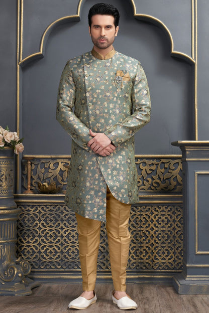 Grey Jaquard Indo Western (NMK-7318) - Nihal Fashions