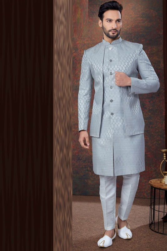 Grey Jaquard Indo Western (NMK-7788) - Nihal Fashions