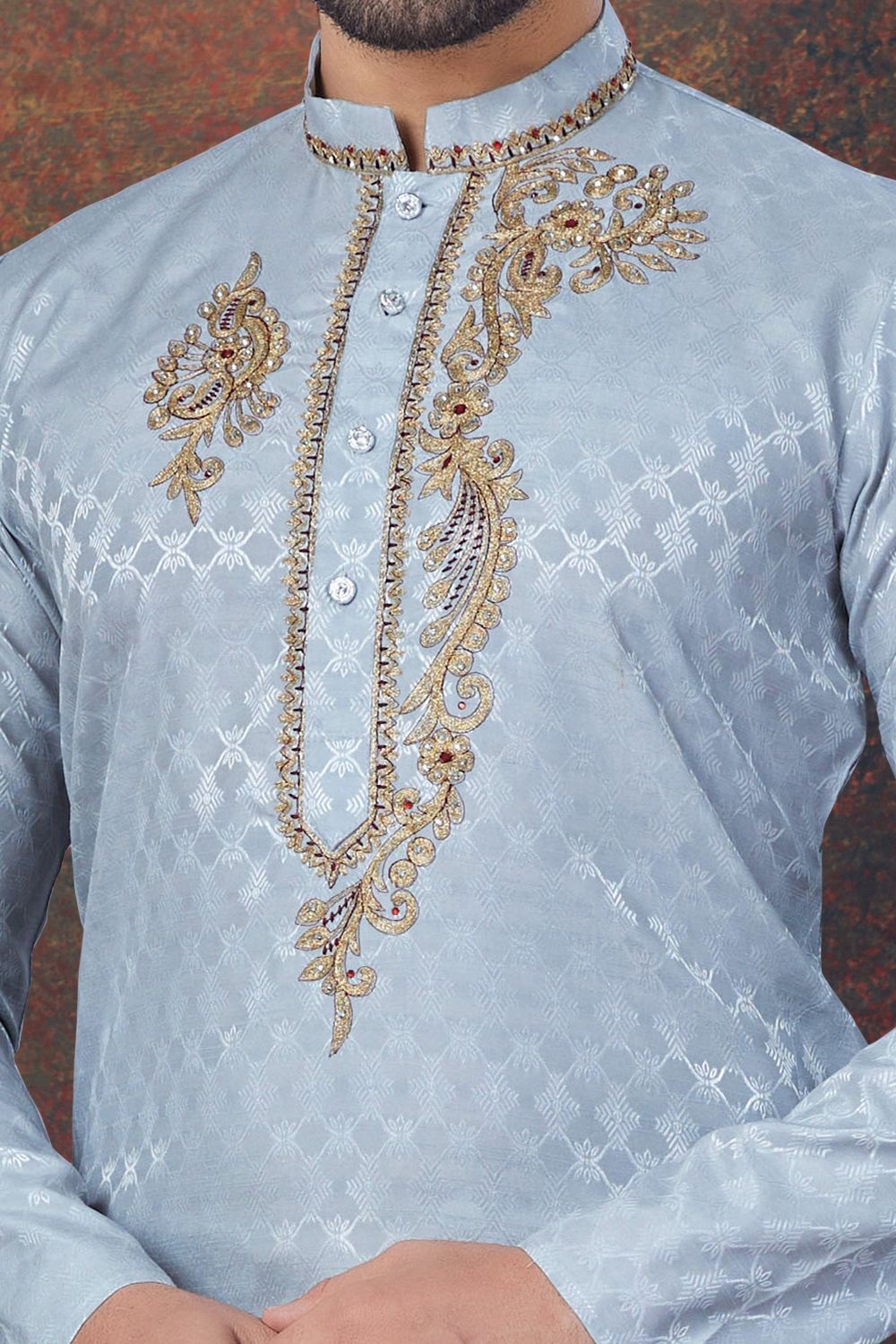 Grey Jaquard Kurta Pajama for Men (NMK-7828) - Nihal Fashions