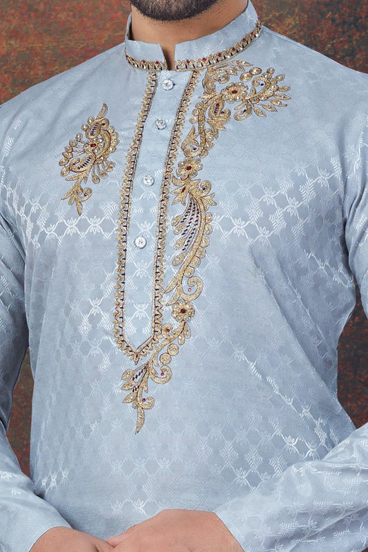 Grey Jaquard Kurta Pajama for Men (NMK-7828) - Nihal Fashions