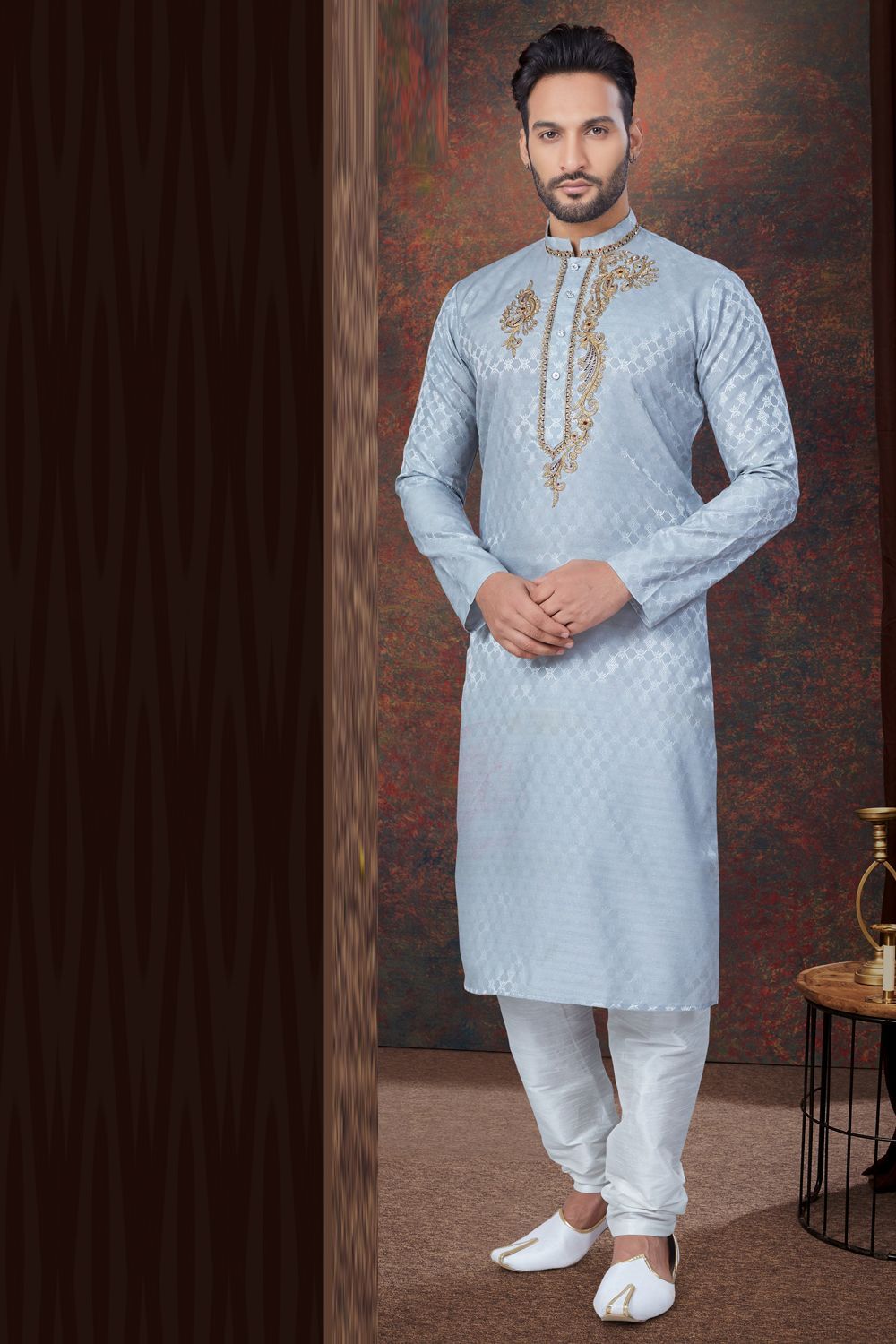 Grey Jaquard Kurta Pajama for Men (NMK-7828) - Nihal Fashions