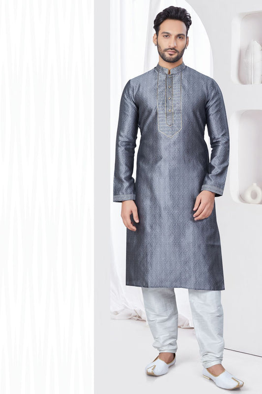 Grey Jaquard Kurta Pajama (NMK-7813) - Nihal Fashions