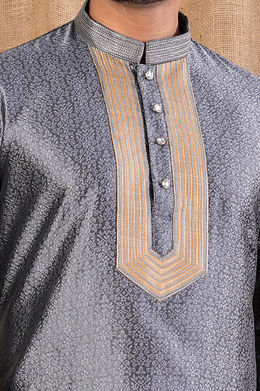 Grey Jaquard Kurta Pajama (NMK-8497) - Nihal Fashions