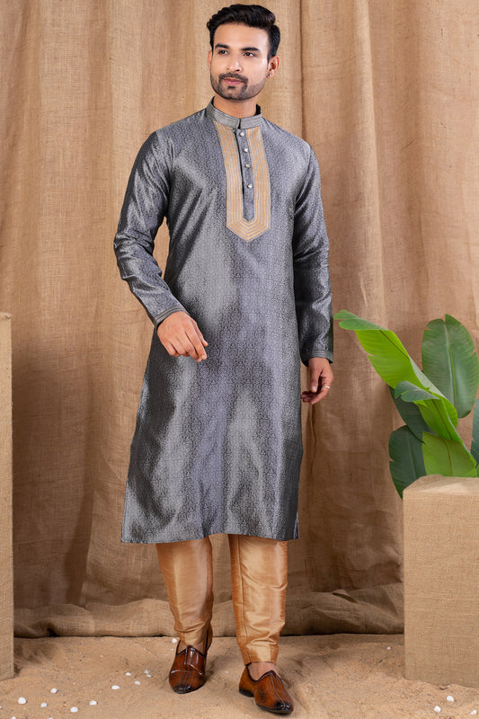 Grey Jaquard Kurta Pajama (NMK-8497) - Nihal Fashions