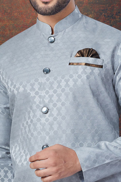 Grey Jaquard Mens Indo Western (NMK-7859) - Nihal Fashions