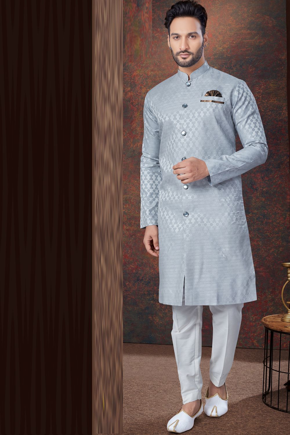 Grey Jaquard Mens Indo Western (NMK-7859) - Nihal Fashions