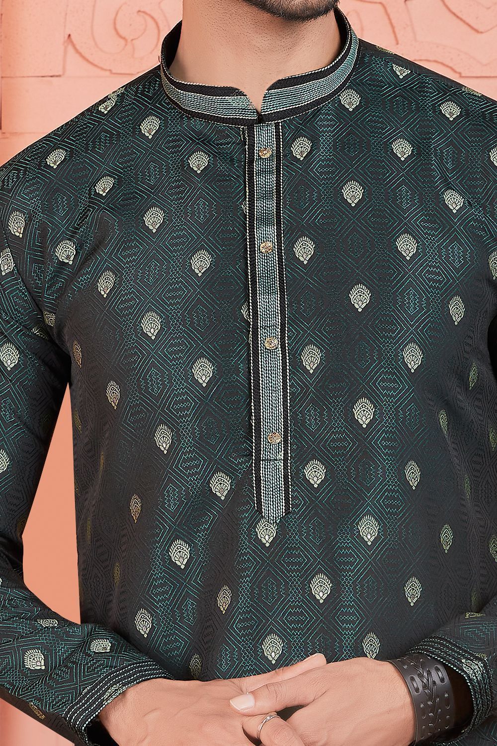 Grey Jaquard Silk Brocade Indian Kurta (NMK-7765) - Nihal Fashions