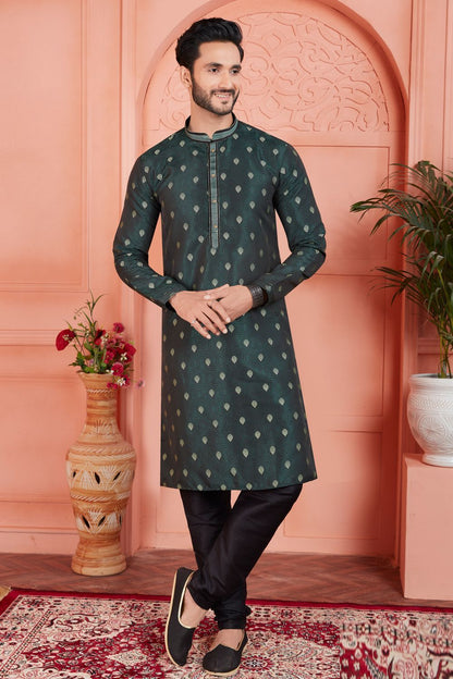 Grey Jaquard Silk Brocade Indian Kurta (NMK-7765) - Nihal Fashions