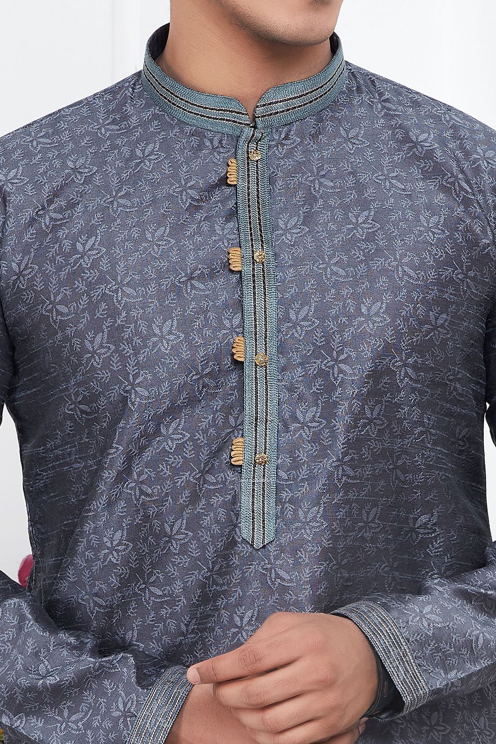 Grey Jaquard Silk Brocade Kurta for Men (NMK-7741) - Nihal Fashions