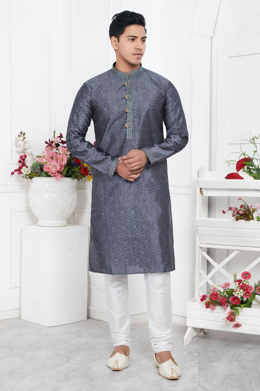 Grey Jaquard Silk Brocade Kurta for Men (NMK-7741) - Nihal Fashions