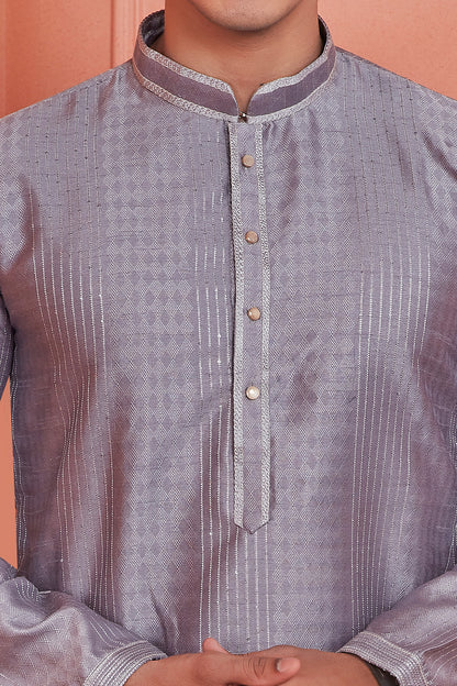 Grey Jaquard Silk Brocade Kurta Pajama (NMK-8147) - Nihal Fashions