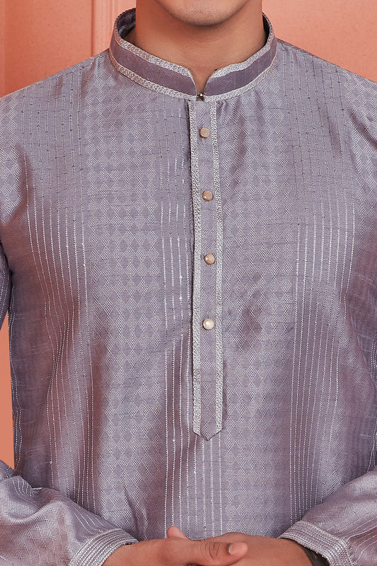 Grey Jaquard Silk Brocade Kurta Pajama (NMK-8147) - Nihal Fashions