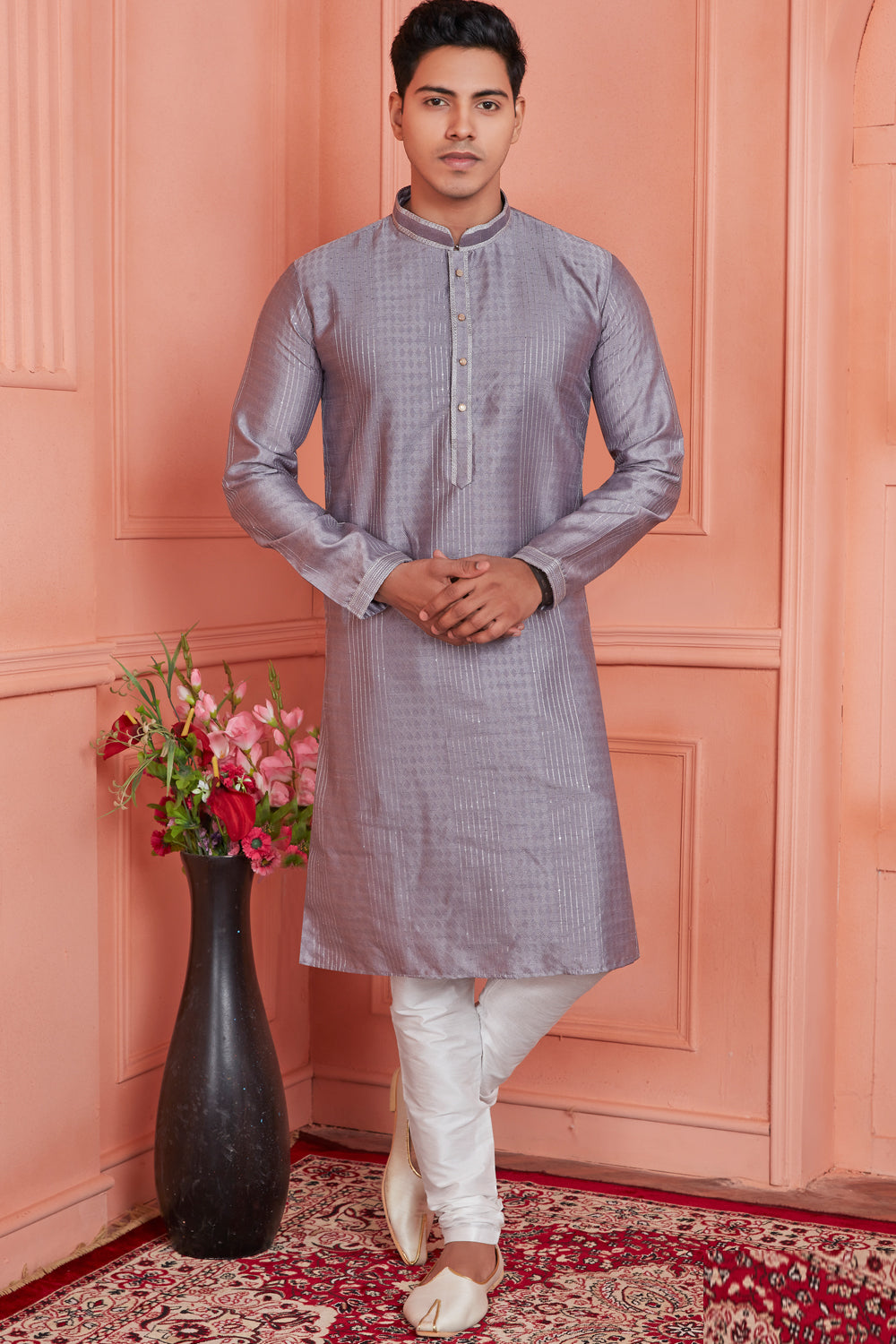 Grey Jaquard Silk Brocade Kurta Pajama (NMK-8147) - Nihal Fashions
