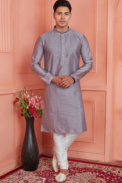 Grey Jaquard Silk Brocade Kurta Pajama (NMK-8147) - Nihal Fashions