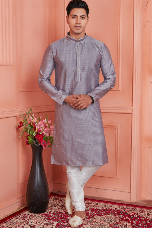 Grey Jaquard Silk Brocade Kurta Pajama (NMK-8147) - Nihal Fashions