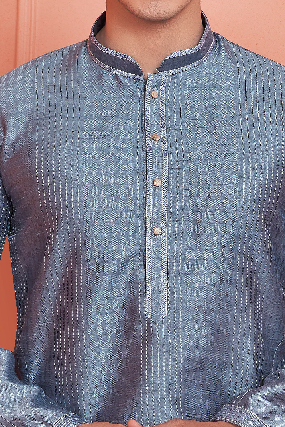 Grey Jaquard Silk Brocade Kurtas for Men (NMK-8149) - Nihal Fashions
