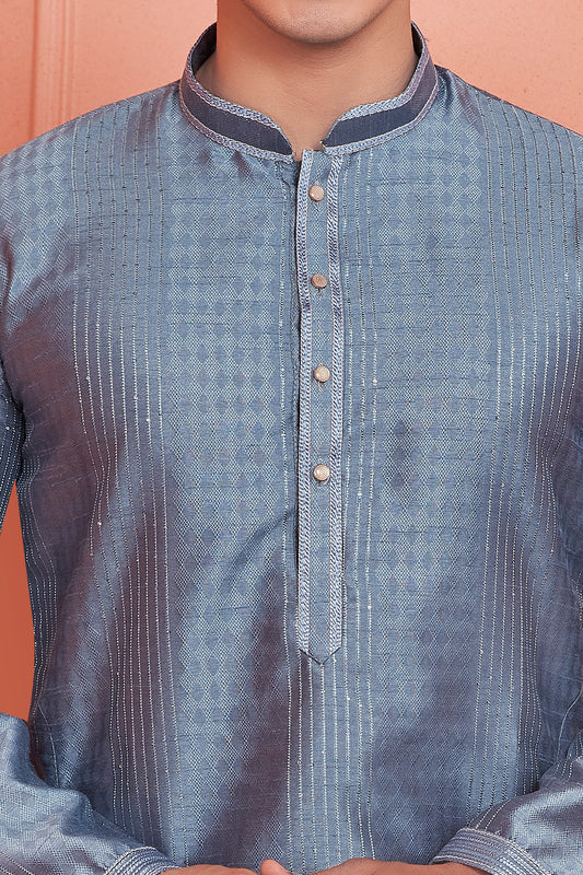 Grey Jaquard Silk Brocade Kurtas for Men (NMK-8149) - Nihal Fashions