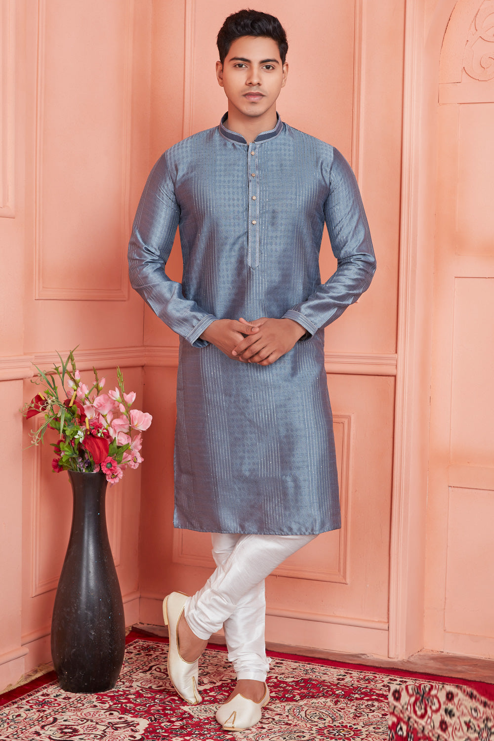 Grey Jaquard Silk Brocade Kurtas for Men (NMK-8149) - Nihal Fashions