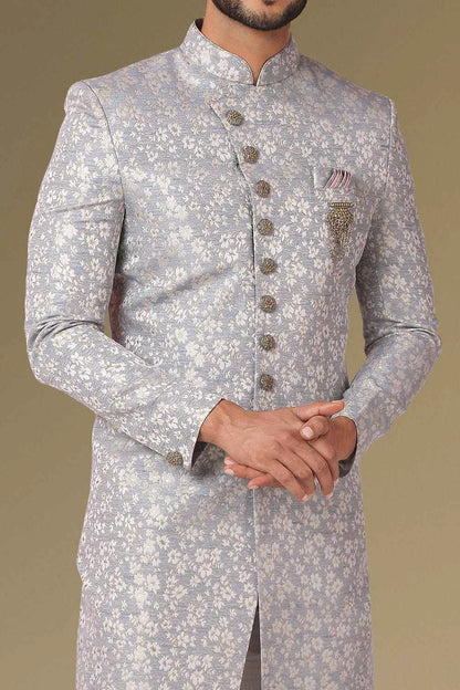 Grey Jaquard Silk Brocade Mens Indo Western (NMK-5363)