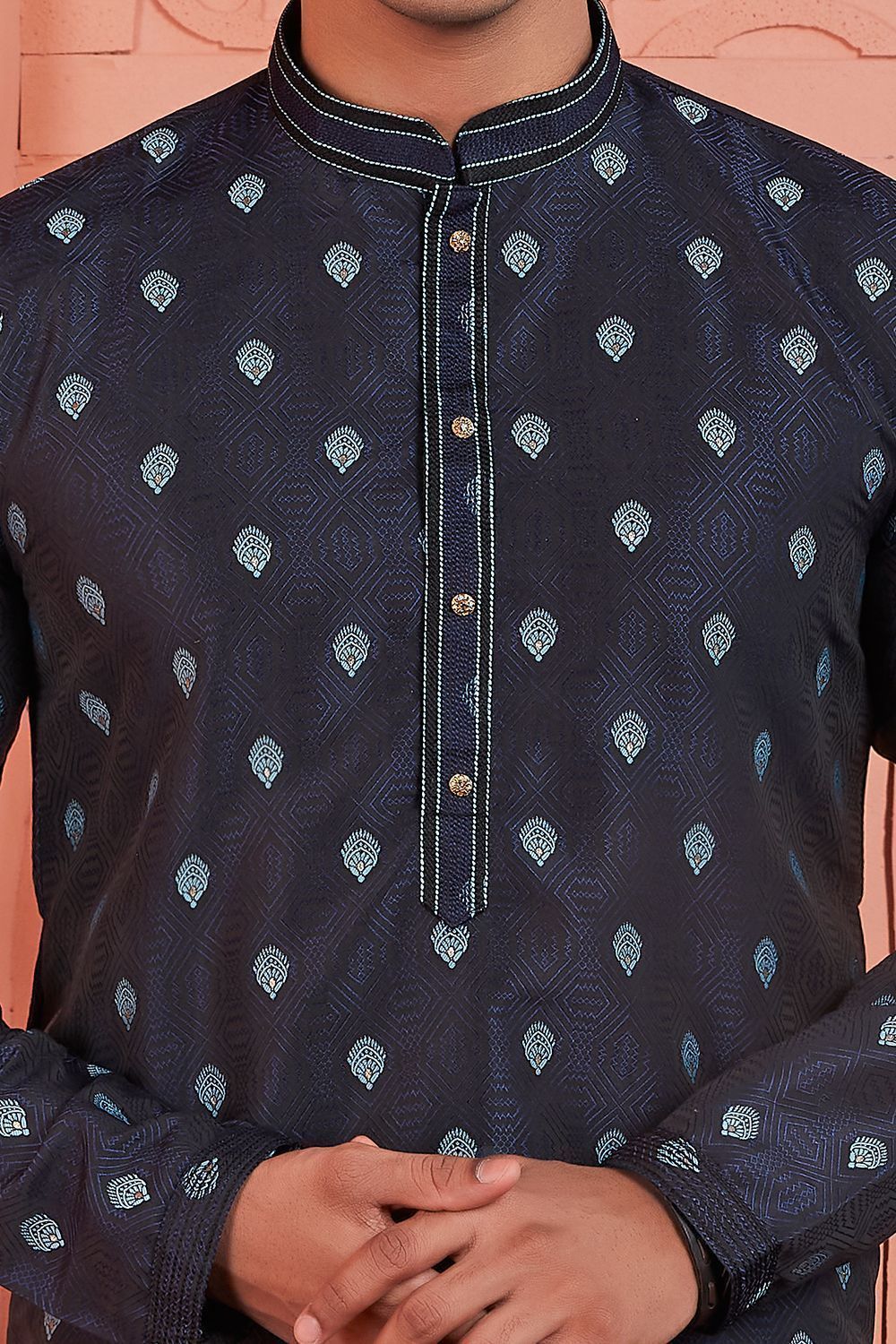 Grey Jaquard Silk Brocade Mens Kurta (NMK-7766) - Nihal Fashions