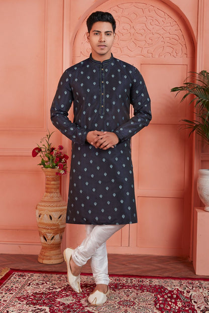 Grey Jaquard Silk Brocade Mens Kurta (NMK-7766) - Nihal Fashions