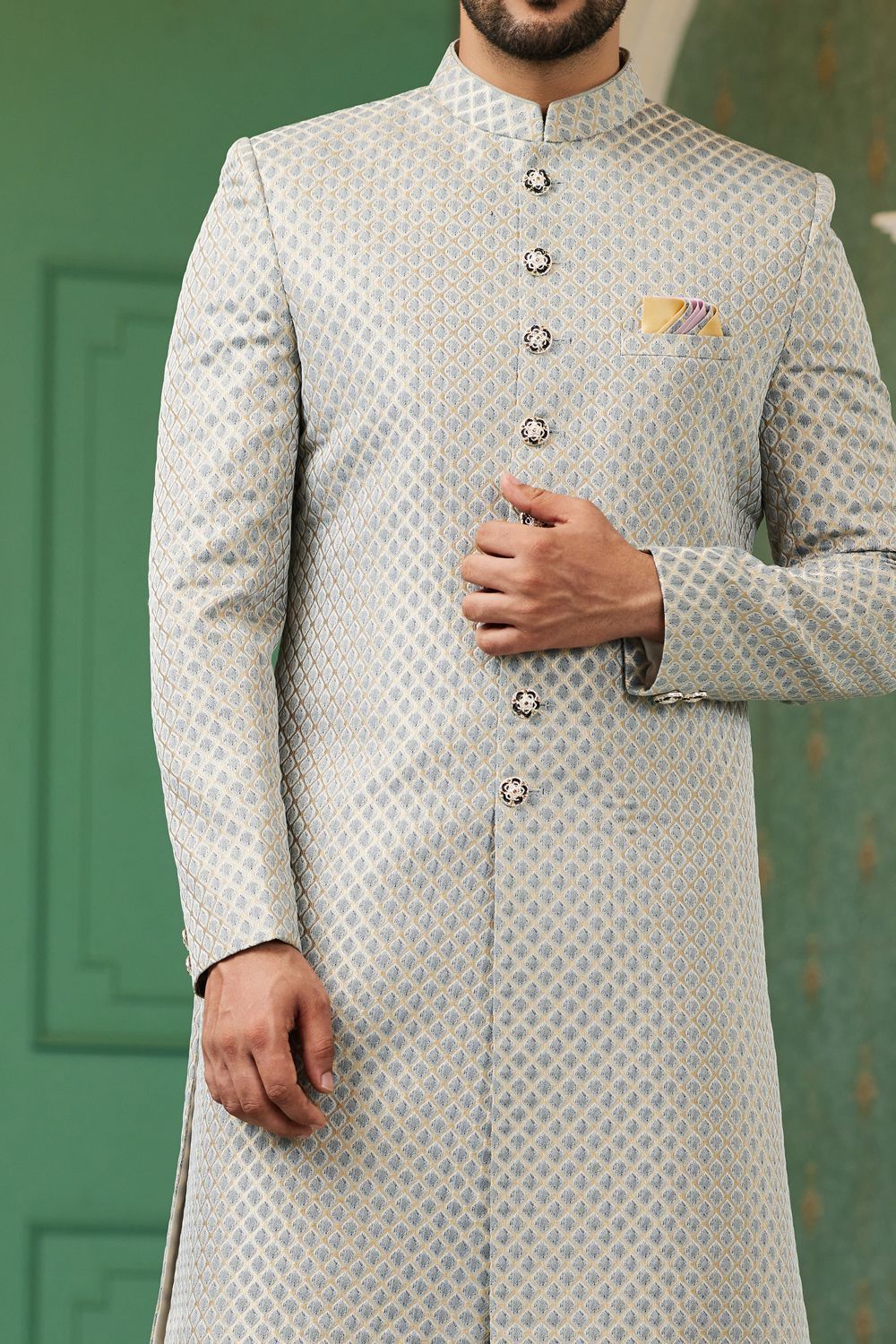 Grey Jaquard Silk Indo Western (NMK-7148) - Nihal Fashions