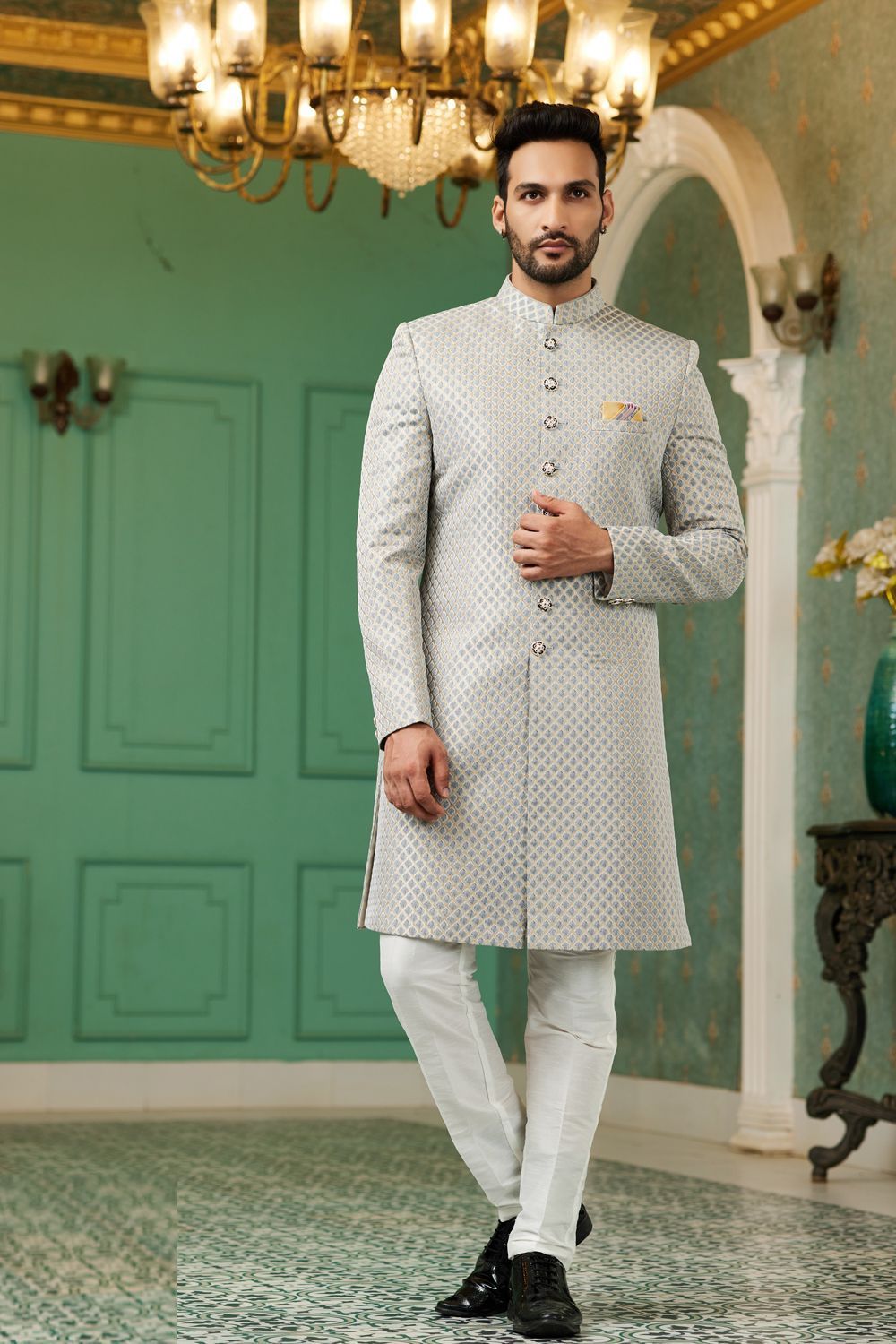 Grey Jaquard Silk Indo Western (NMK-7148) - Nihal Fashions