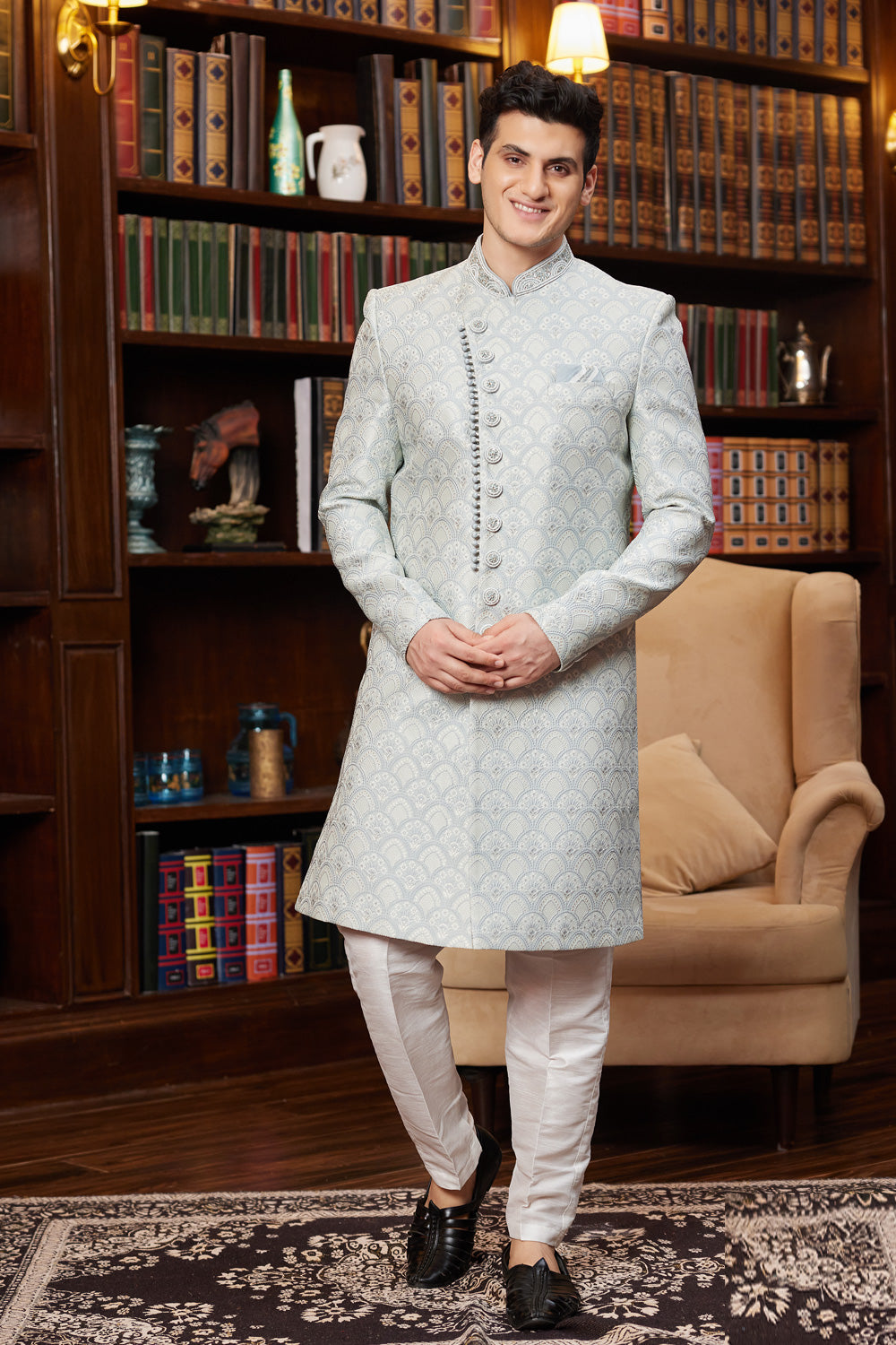 Grey Jaquard Silk Indo Western (NMK-8289) - Nihal Fashions