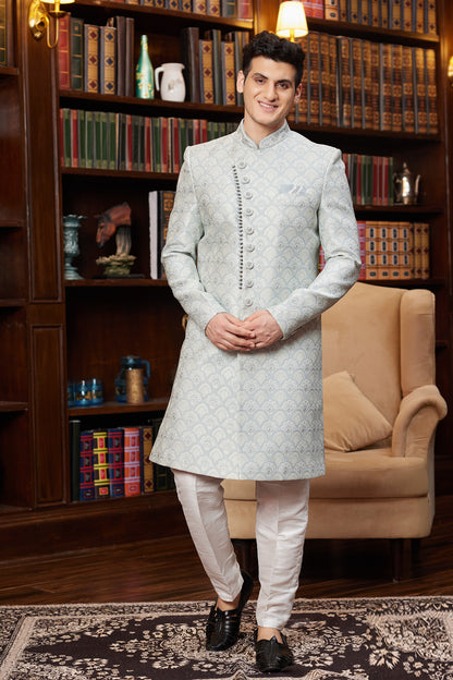 Grey Jaquard Silk Indo Western (NMK-8289) - Nihal Fashions